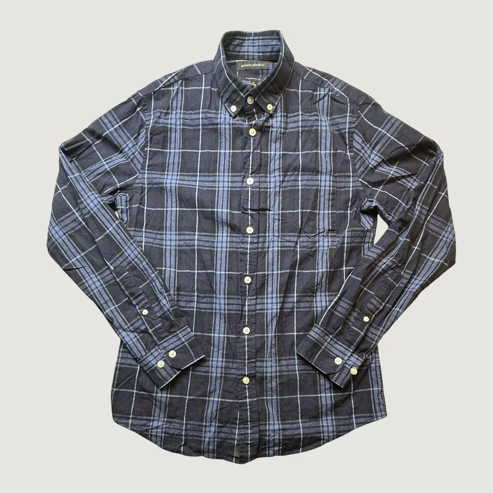 Banana Republic Shirt Mens S Blue Plaid Untucked Slim Fit Long Sleeve Cotton